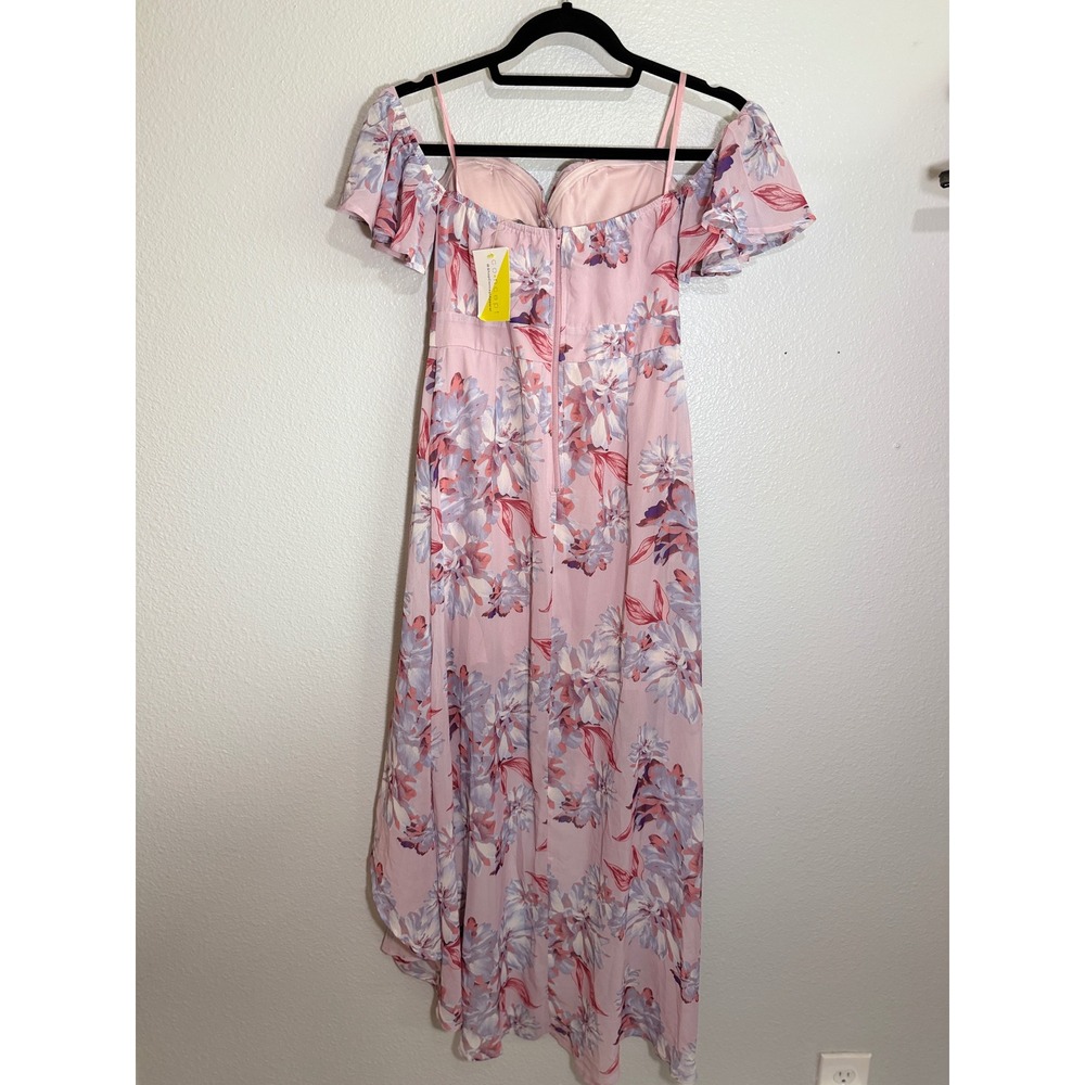 Pink Floral High Low Maxi Dress Womens S Off Shoulder Cottagecore Coquette NWT